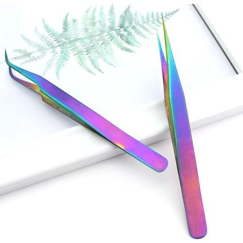 Rainbow Eyebrow Tweezers Stainless Steel Clip Cosmetic Beauty Angled Slanted Eyebrow Rhinestone Nail Art Extension Tools