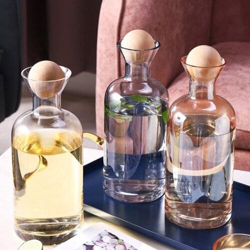 Nordic Style Glass Carafe Water Pitcher with Wood Lid Cold Drinks Tea Jug Waterkoker Household Drinkware Clear Water Bottle
