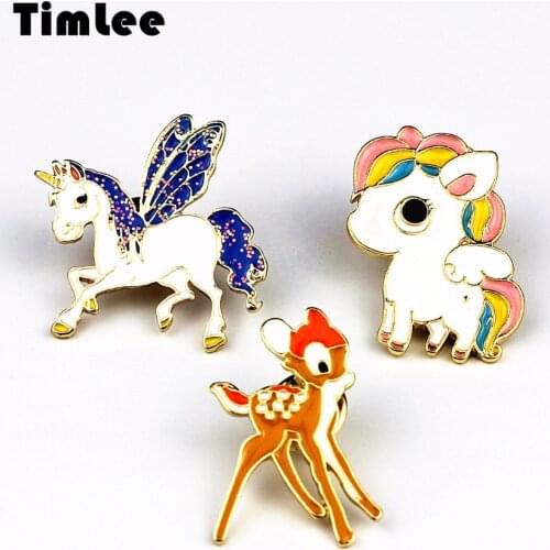Timlee X225Cute Cartoon Pony Unicorn Fawn Animals Brooches Gift Wholesale