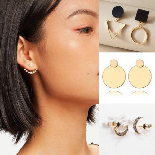 Tocona Exquisite Hollow Geometry Stud Earrings for Women Charms Star Round Moon Shiny Crystal Stone Party Jewelry Drop Earrings