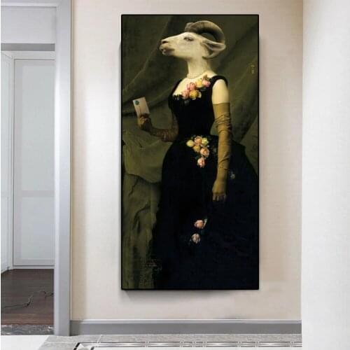 Lady and Gentleman Goat Photo Wall Art Retro Oil Painting Art Posters and Prints Funny Animal Pictures Corridor Decoration