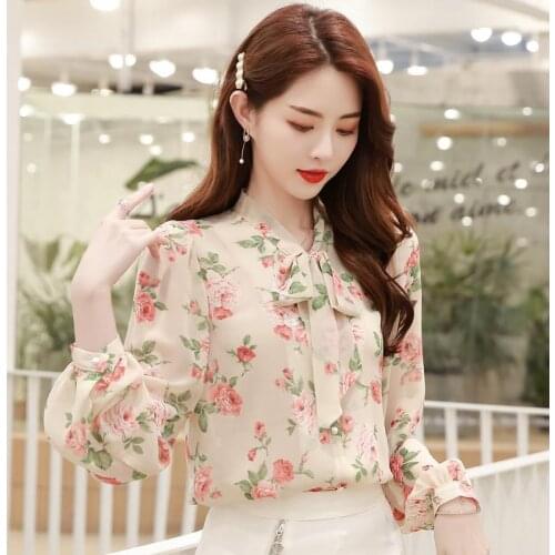 2020 Autumn New Women Floral Shirt Bowtie Collar Long Sleeve Chiffon Blouse Plus Size Tops Fall 2020 Women Clothing Blusas S-3XL