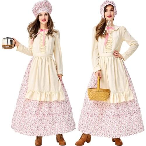 Umorden Adult Women Prairie Pioneer Woman Costume Colonial Dress Floral Halloween Purim Carnival Party Cook Maid Costumes