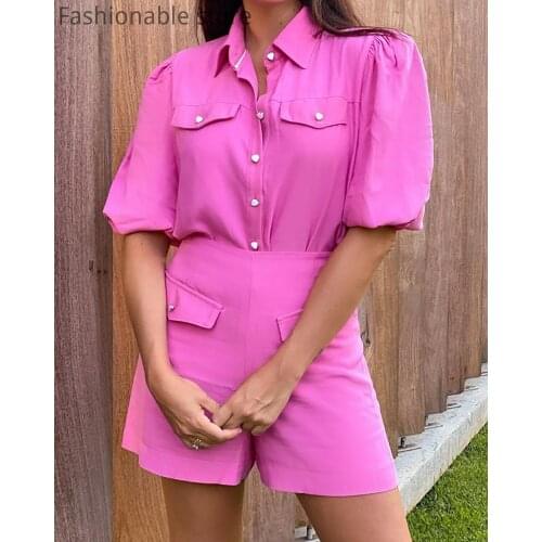 Women Solid Color Button Design Top and High Waist Shorts 2pcs Set