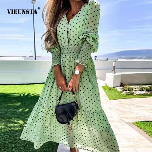 Sexy V-neck Buttons Wave Point Printing Dress Spring Autumn Womens Grace Sweet Temperament Dress Office Straight Long Sleeve XL