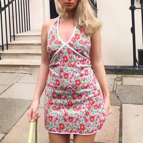 Women Y2K Knitted Summer Beach Halter Fashion V Neck Mini Club Wrap Dress Backless Floral Party Short Dress Red