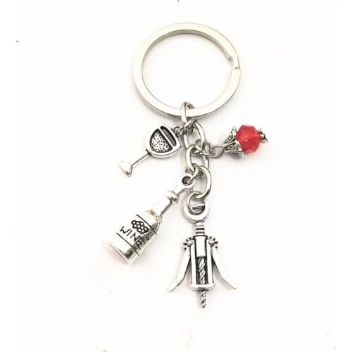 1pcs Red Wine Glass Charm Keychain Cheers Jewelry GIfts For Wine Lover Wine Bottle Opener Charm Red Beads Keyring