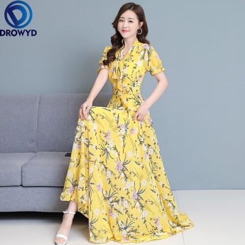 2021 Summer New Arrival Hot Sale Bow Collar Flower Printed Short Sleeve Women Long Chiffon Dress Plus Size S-4XL Party Dresses