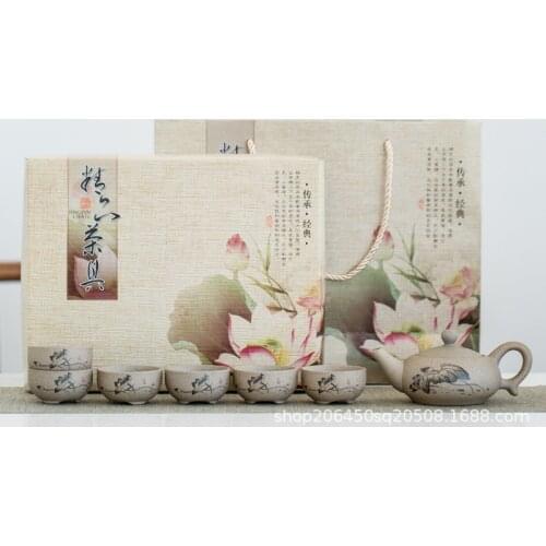 Kungfu tea set ceramic coarse pottery teapot teacup of a complete set with business gift Lotus kung fu tea set