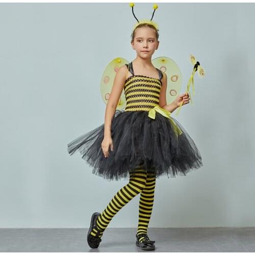 Girls Bumble Bee Costume Dress Set Baby Cartoon TUTU Dresses Halloween Bee Costumes Kids Carnival Cosplay Outfit Clothes Disfraz