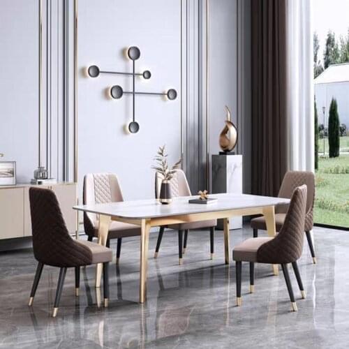 Home furniture decorative modern designs marble top metal leg luxury dining table set