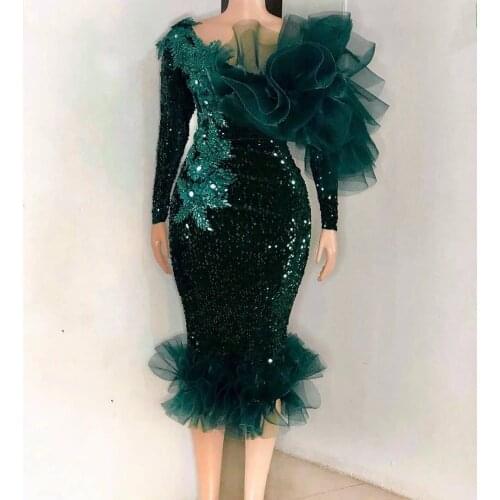 Custom Hunter Green Evening Gowns abiye Sequin Bead Full Sleeves Evening Dress Peplum Ruffles Evening Dresses robe de soiree