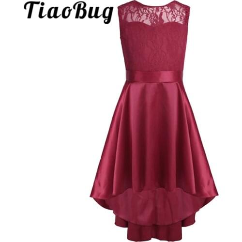 New Fashion Girls Lace High-low Hem V back Flower Girl Dress Sleeveless A-Line Princess Girl Pageant Wedding Party Dress SZ 4-14