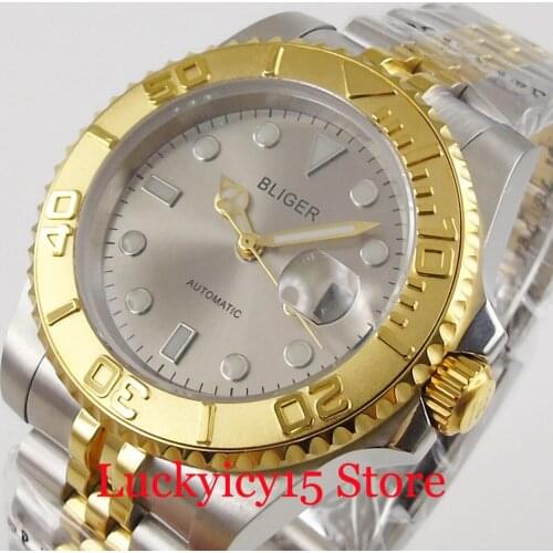 BLIGER 40mm Men Watch Gold Coated Automatic Movement Jubilee Band MIYOTA Movement Rotating Bezel