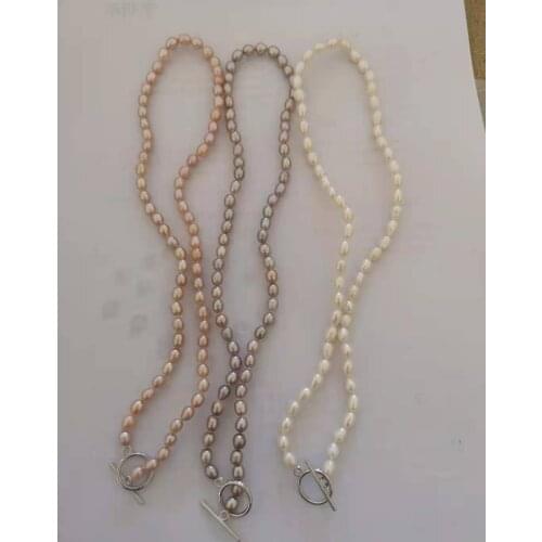 5-6MM Natural Freshwater Rice Pearl Necklace 18 inches White/Pink/Lavender Oval Pearl Necklace Jewelry FP061