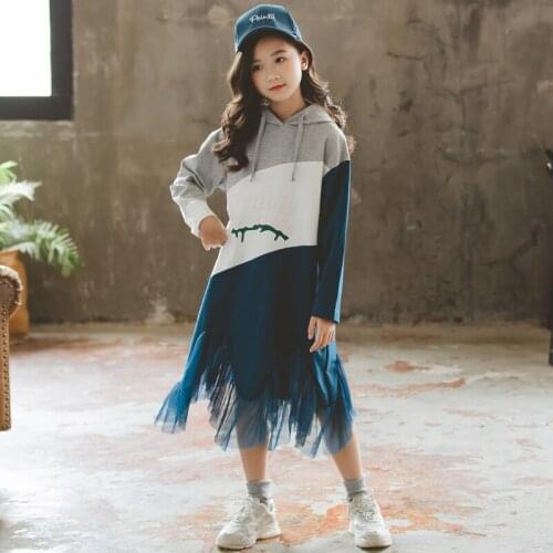 Girls Long-sleeved Hooded Dress New Style 2019 Autumn New Children Patchwork Dresses Hit-colored Mesh Yarn Pro-baby Dress, #8005