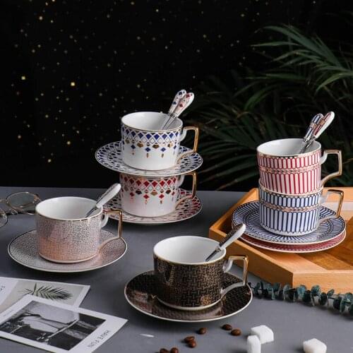 European Style Luxury Ceramic Coffee Cup and Saucer Set Afternoon Tea Cup Bone China Water Milk Mug with Spoon