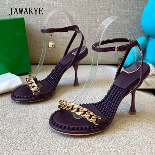 Women High Heel Sandals Gold Chain Ankle Strap Runway Party Sandals Open Toe Rubber Studded Summer Shoes Comfort Massage Sandals