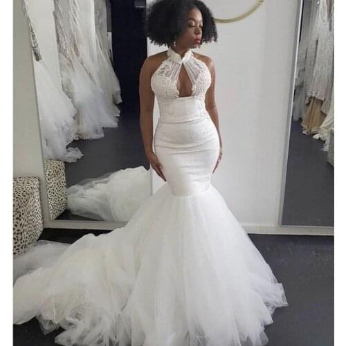 Sexy High Neck Sleeveless Mermaid Wedding Dresses Sweep Train Lace Appliques Bridal Gowns Custom made
