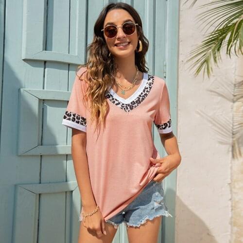 Spring new long sleeve t shirt solid color 100% cotton v-neck tops high quality t-shirt fashion Simplicity Leopard Print Short