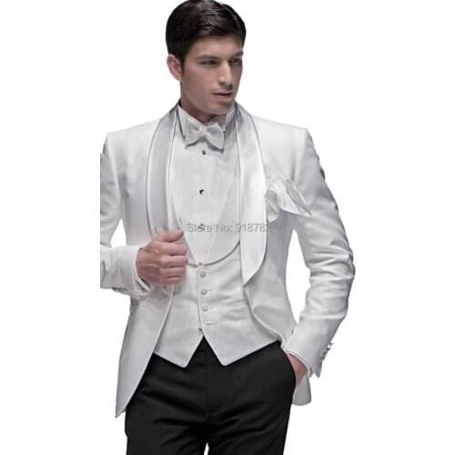 Shwal Lapel White Jackets Black Pants One Button Suits Groom Tuxedos Groomsman Slim Fit Dress Wedding (Jacket+Pants+Vest+Tie)