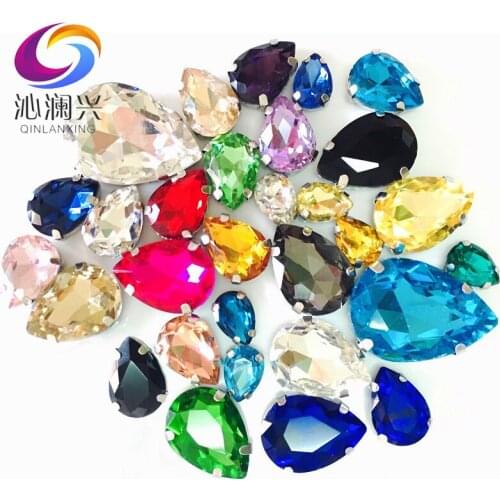 30pcs/bag Drop Shape Mix Color Mix Size Glass Rhinestones With Claw Sew On Teardrop Crystal Stone Wedding Decoration