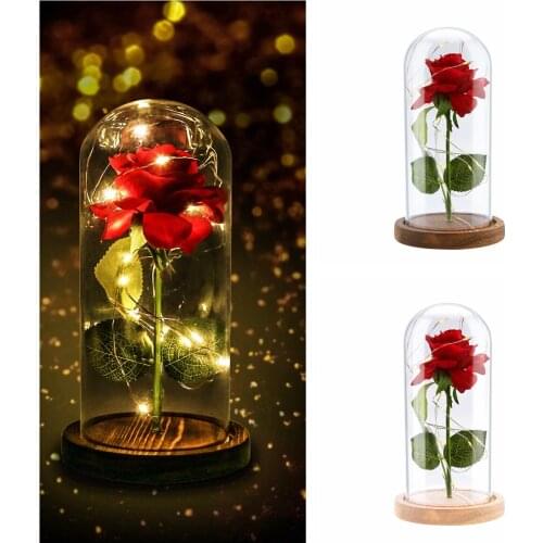 Led Light String Surround Red Rose Petal Glass Dome Wood Base For Valentine Birthday Gift Table Decor