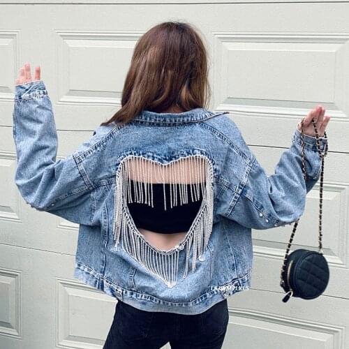 Streetwear 2021 Spring Autumn New Heavy Industry Rhinestone Back Hollowed Out Love Tassel Denim Jacket Female Loose Jeans Coat