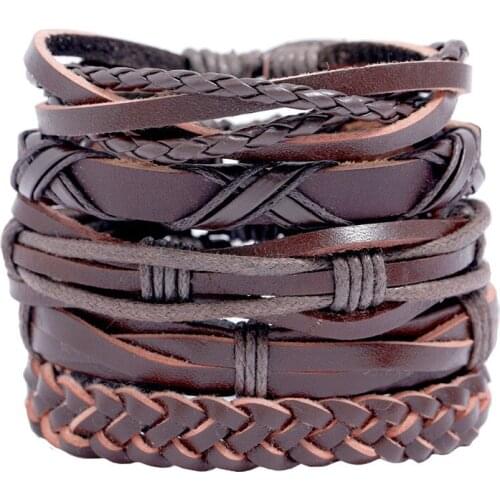Vintage Multi-layer Leather Bracelet 5 pcs/set Men Fashion Bangle Glamour Jewelry Wristband Armband Heren Friendship Gift
