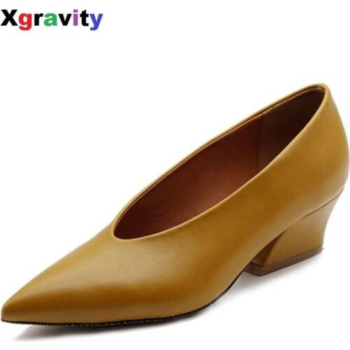 XGRAVITY Spring Chunky Wedge Shoes Autumn Mid Heeled Lady Fashion Pointed Toe Shoes Womens Genuine Leather OL Footwear C114-1