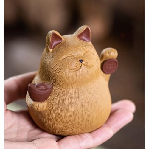 Yixing Purple Sand Tea Pet Cat Decoration Sculpture Creative Ingot Lucky Cat Tea Set Tea Mat Accessories Ceramic