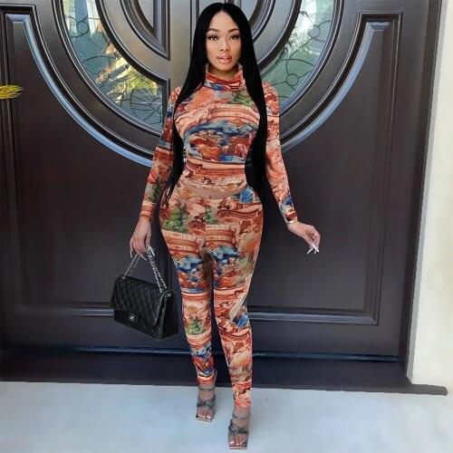 2021 Autumn Womens Fashion And Temperament-Print High Collar And Long Sleeves Top With Slim Pants Two Pieces Set