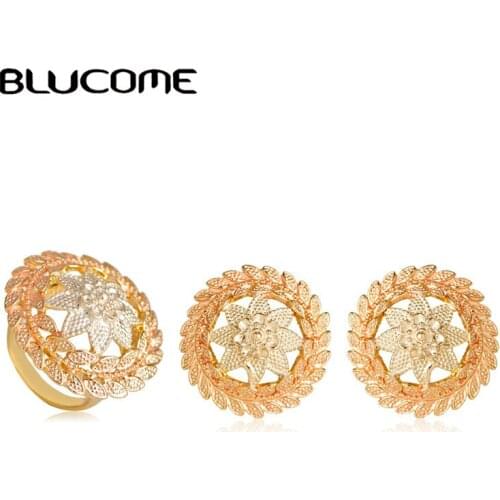 Blucome Classic Round Flower Stud Earrings Ring Set Jewelry sets Large Rings Gold Color Zinc Alloy Womens Party Wedding Bijoux