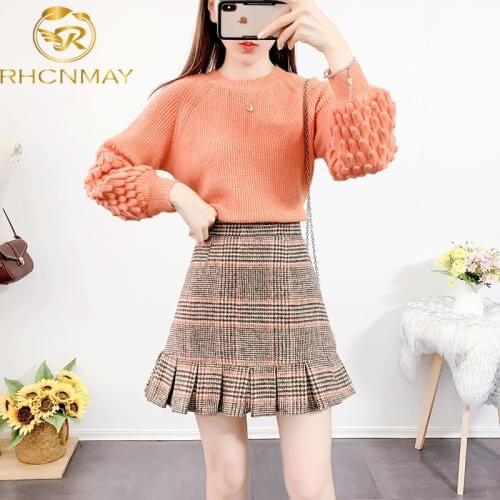 Elegant Plaid 2 Pieces Sets New Autumn Winter Women Tweed Two Pieces Solid Color Tops Skirts Suits Pullover Plaid Short skirt