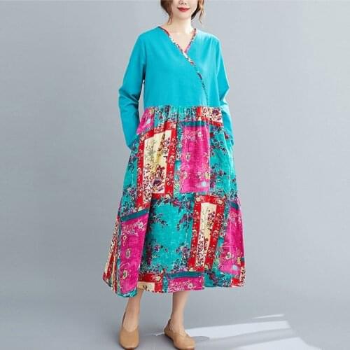 Women Vintage Print Long Dress New 2021 Spring Arts Style V-neck Patchwork Color Loose Female Cotton Linen Casual Dresses S3099