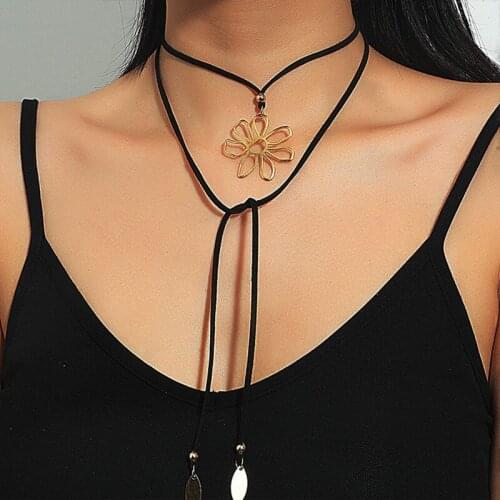 Handmade Double Layer Black/Brown Braided Rope Chain Necklaces for Women Vintage Star Heart Dragonfly Flower Choker Jewelry