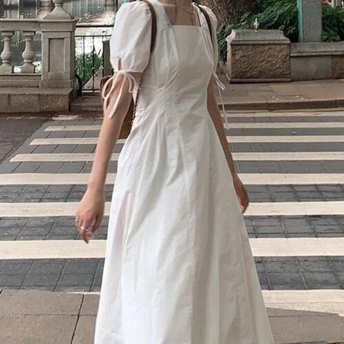 Women Summer Dress Fashion White Elegant Puff Sleeve Backless Party Beach Dress Vacation Casual Long Dresses Robe 2021 Y381