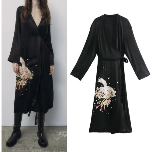 Women Dress 2021 Fashion Za Emboidery Print Sashes Long Dress Elegant Vintage V-Neck Mujer Vestidos