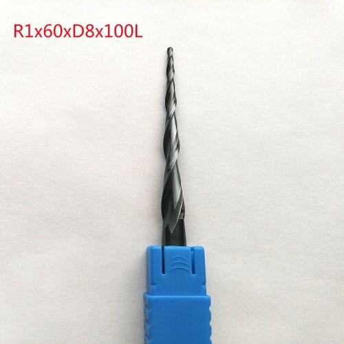 1pc R1*D8*60*100L*2F HRC55 Tungsten solid carbide lengthen Tapered Ball Nose End Mills cone milling cutter wood tools