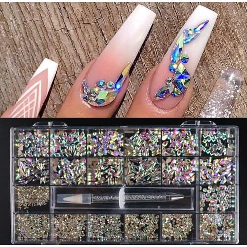 1000Pcs Nail Art Rhinestone Set With Picker Pen Mixed AB Nail Stones Flatback Diamond Gems Design Crystal Strass Manicure GL1921