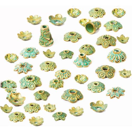 150pcs Mixed Antique Green Gold End Bead Caps Carved Flower Beads for Jewelry Making Women Necklace Bracelet DIY Accessories
