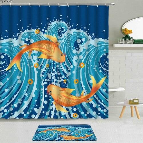 2Pcs Chinese Style Waves Fish Shower Curtain Lotus White Crane Plum Blossom Fabric Non-Slip Bath Mat Bathroom Curtains Set Decor