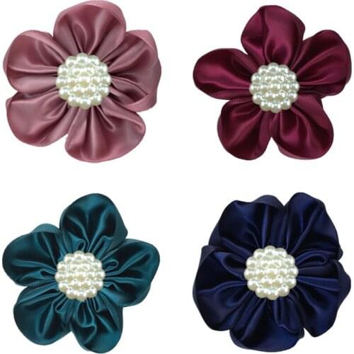 100pcs/lot 7.5cm Satin Ribbon Flower With Pear Button Appliques Craft DIY Wedding Kids Girls Hair Accessories Hair Clips