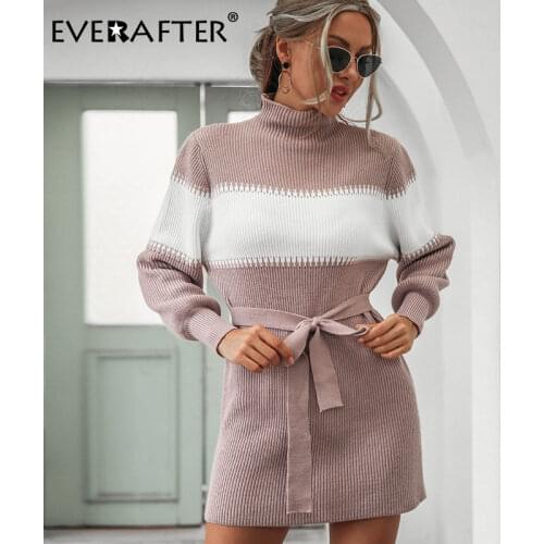EVERAFTER Elegant Turtleneck Women Knitted Dress Autumn Winter Lace Up Bow Warm Lantern Sleeve Dress Contrast Color Mini Dresses