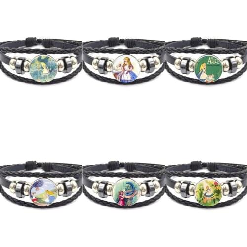 EJ Glaze For Women Steampunk Style Jewelry With Glass Cabochon Statement Black Leather Bracelet Bangle Alice Quote