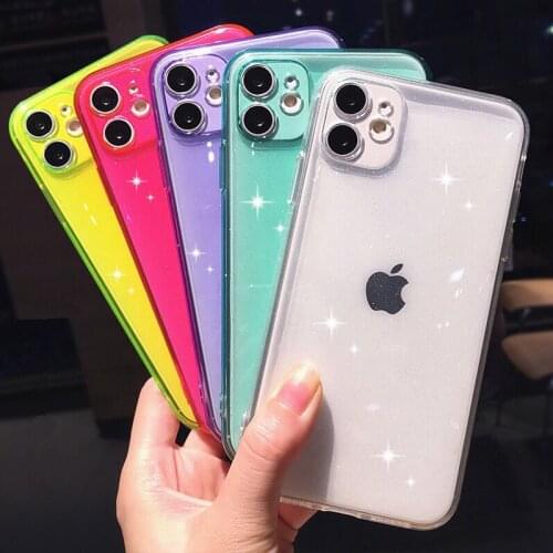 Fluorescent transparent glitter camera protection soft Phone Case for iphone 11 Pro Max X XS XR 7 8 6 S Plus SE 2020 cover