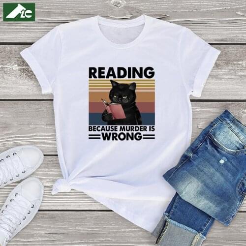 Funny Black Cat Reading Because Murder Is Wrong unisex t shirt women kwaii blouse 2021 black cat oversized tee graphic women top