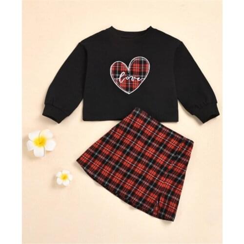 2021 Newest Hot Toddler Baby Girl Long Sleeve Heart Plaid Print Tops T-shirt+A-Line Skirts Kids Outfits 2pcs Clothes Set