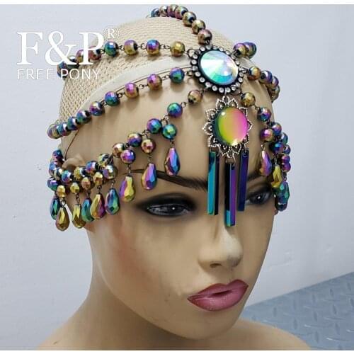 Burning Man Holographic Crystal Headpiece Fashion Show Drag Queen Costume Head Chain Headdress