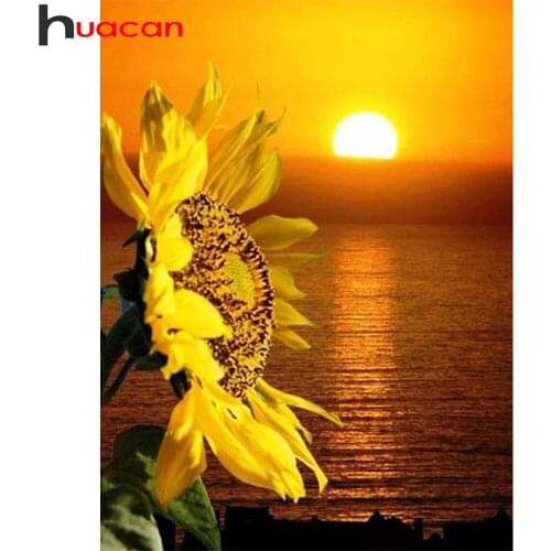 Huacan Diamond Painting Full Sunflower Sunset Mosaic Embroidery Sea Flower Scenery Wall Stickers Gift